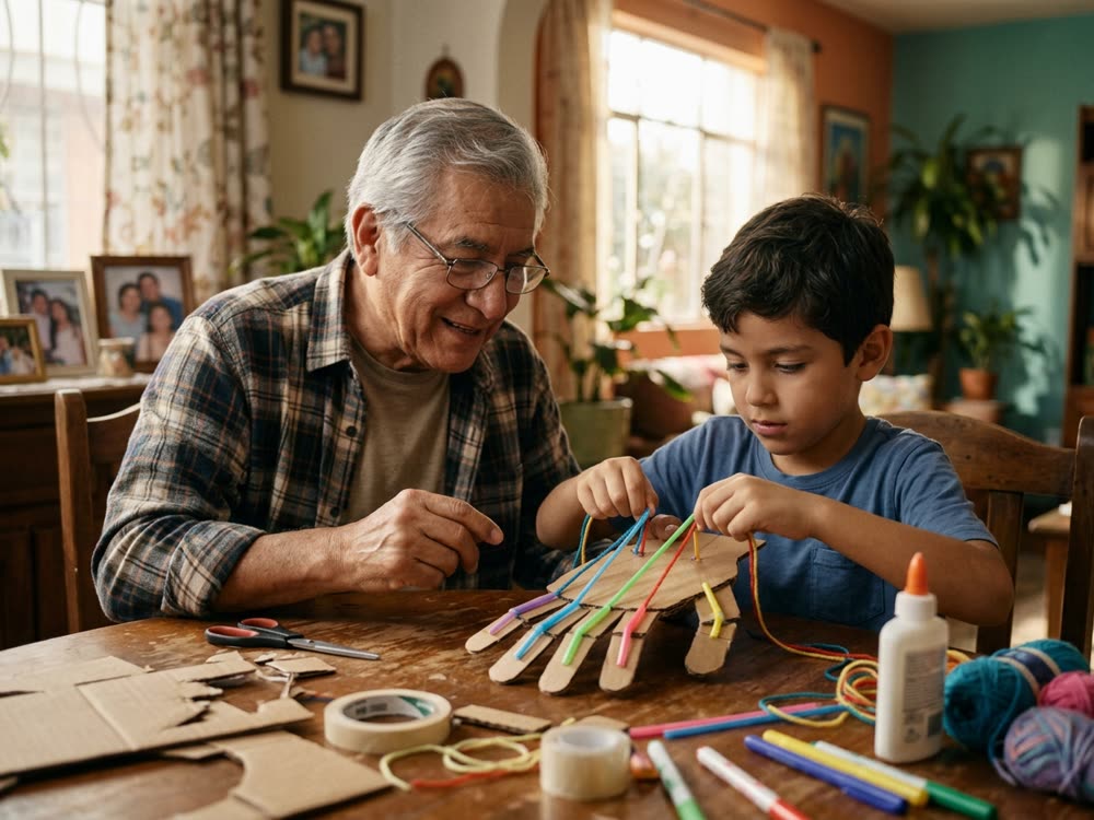 Abuelo y nieto armando una mano robótica de cartón