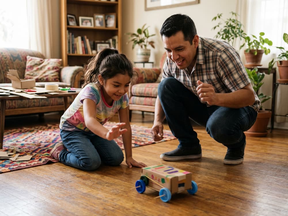 Papá e hija probando un auto de liga