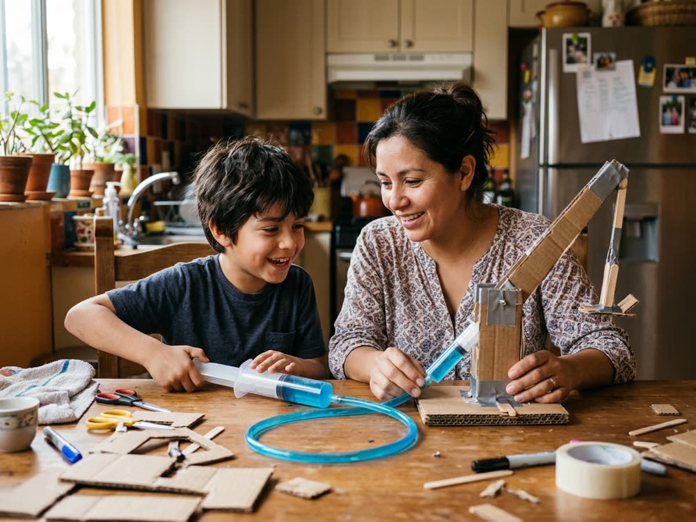 Mamá e hijo moviendo una grúa hidráulica