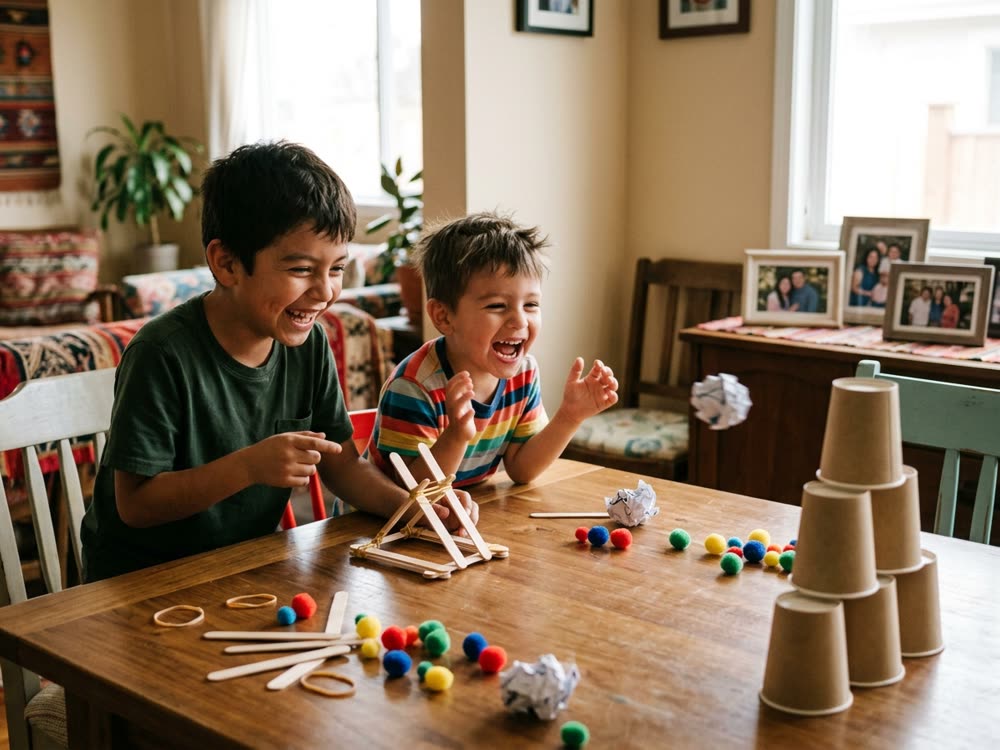 Hermanos jugando con una catapulta de palitos