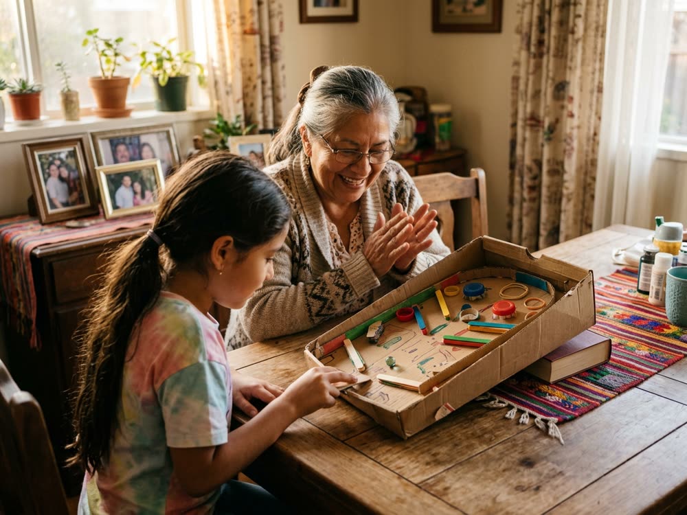 Abuela y nieta jugando con un pinball de cartón