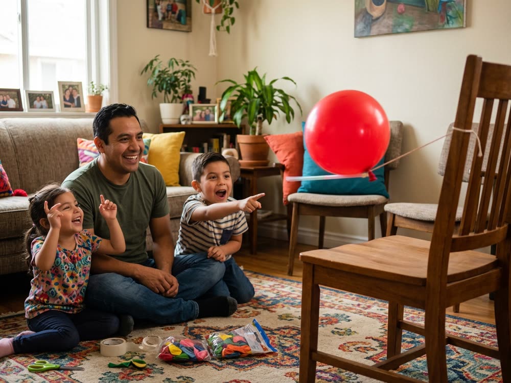 Papá e hijos con un cohete de globo