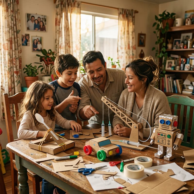 Familia rodeada de inventos de cartón