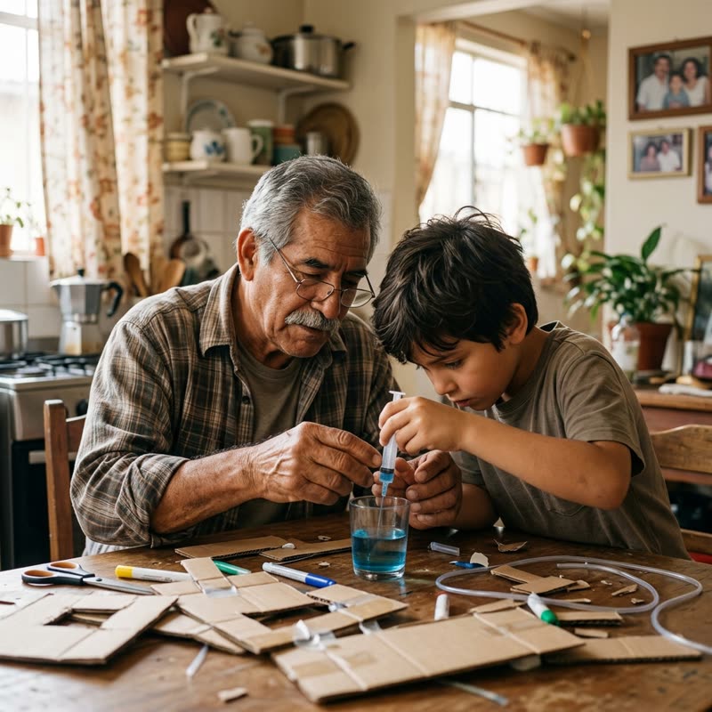 Abuelo enseñando a usar las jeringas