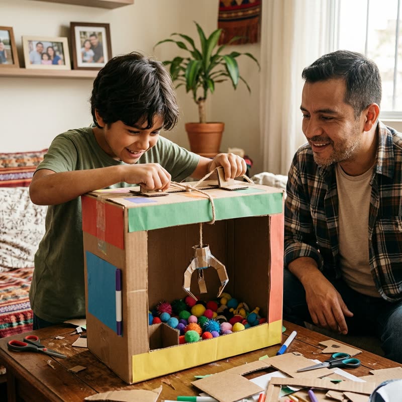 Papá e hijo con la máquina de garra