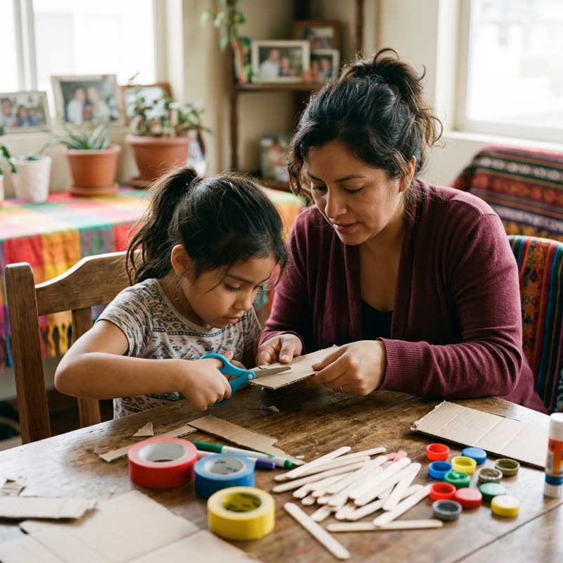 Mamá e hija recortando cartón