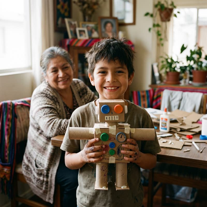 Niño mostrando su robot terminado